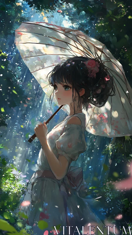 Girl with parasol pauses in a dreamlit forest rain