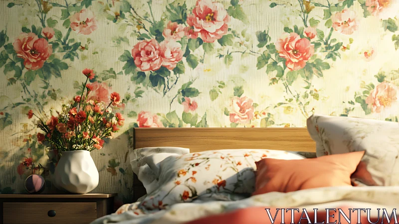Floral wallpapered bedroom shows bed, pillows and bedside table