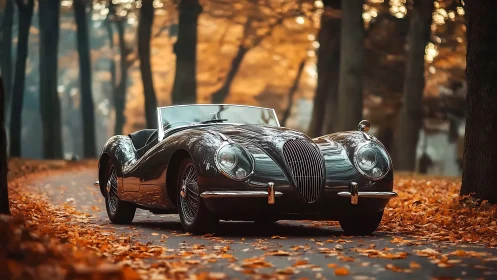 Classic roadster waits on autumn forest lane with leaves