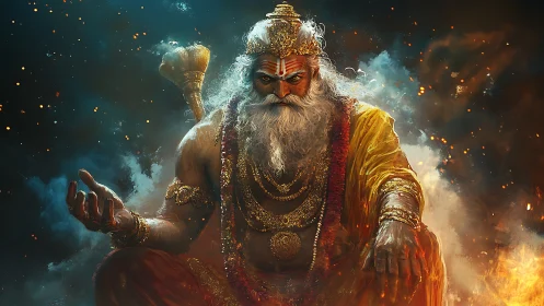 Fiery sage deity in ornate armor seated amid smoke and embers