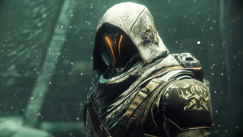 Hooded cybernetic hunter stands in snowlit atmospheric void