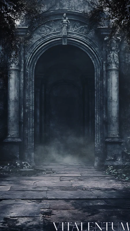 Gothic stone portal with mist filled vault and sculpted architrave