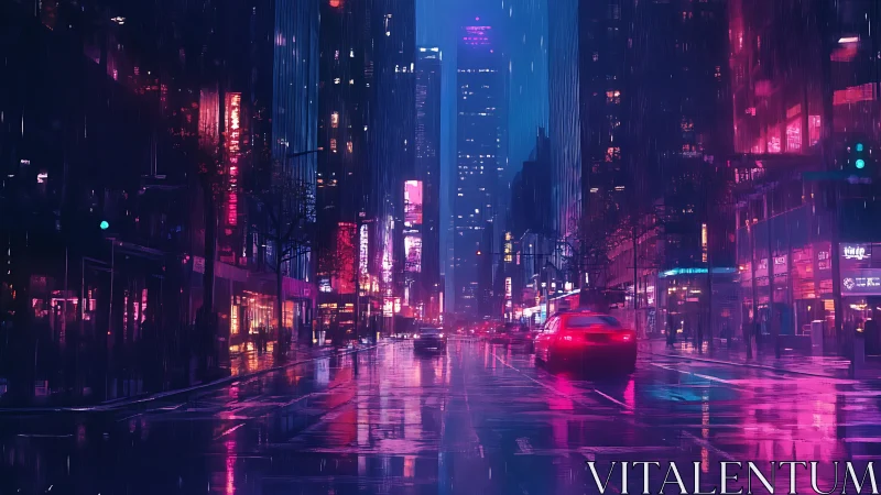 Neon-lit rainy city street displays reflective wet roadway