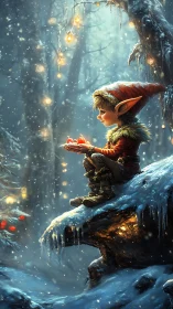 Elf figure sits on snowy ledge holding glowing red objects