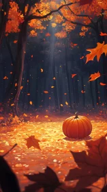 Pumpkin in autumn forest with falling leaves