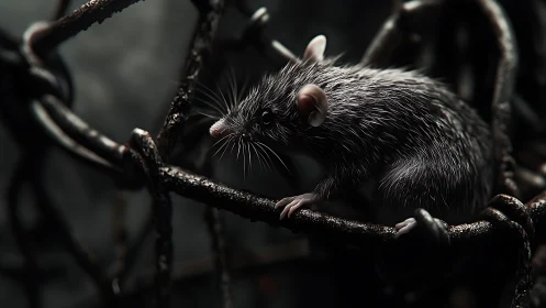 Photorealistic rodent study on corroded metal lattice frame.