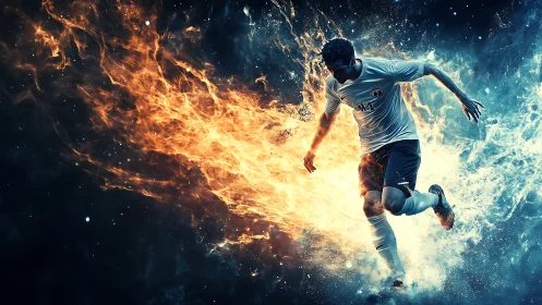 Dynamic soccer player bursts through dual fire and ice field