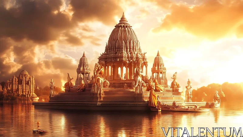 Sunlit river temple glows like a floating golden citadel.