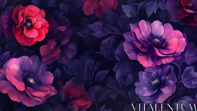 Pink and purple flowers bloom against dark navy floral foliage background