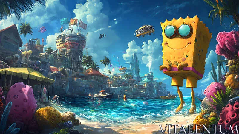 Sunny sponge giant greeting a colorful tropical harbor.