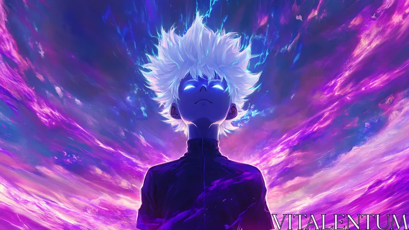 Silhouetted white haired figure before luminous sky field.