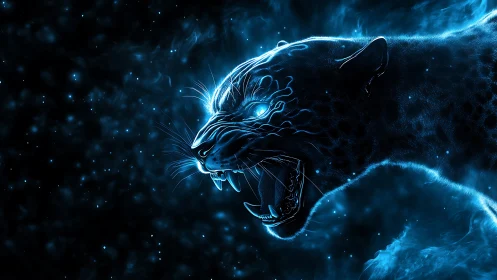 Ethereal Digital Beast Emerges from Cosmic Blue Energy