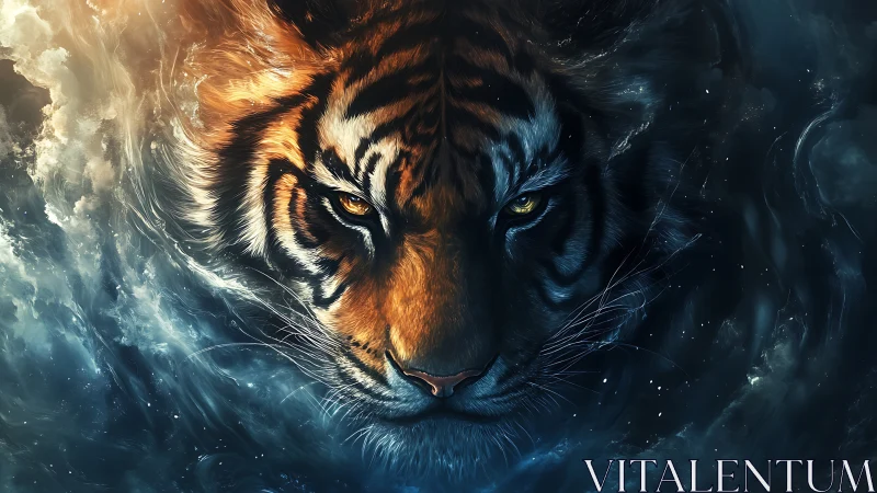 Tiger head rendered within swirling light and dark clouds