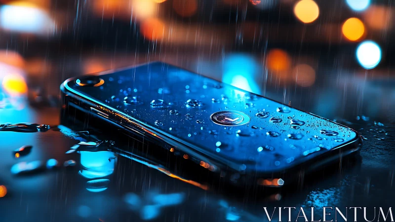 Night rain glows around a sleek smartphone on wet pavement