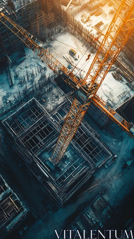 Construction Site Aerial: Golden Crane Over Concrete Frame