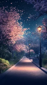 Cherry blossom path under night sky with streetlamps aglow.