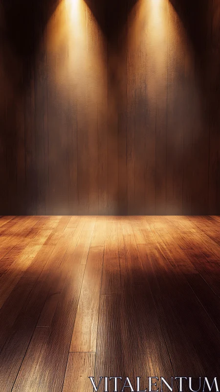 Stage-like wooden floor under warm twin spotlights glow.