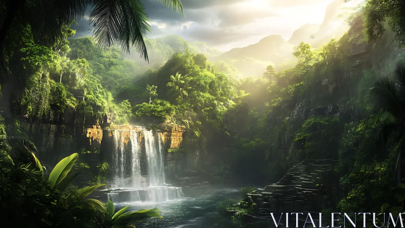 Volumetric-lit tropical cascade with terraced jungle basin.