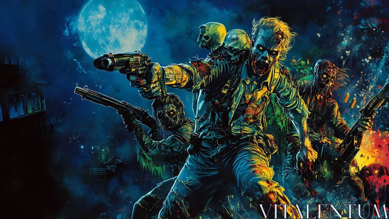 Neon-soaked zombie squad charges under a glowing full moon.