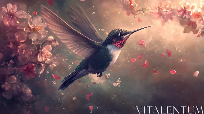 Hummingbird in midair amid soft petals and blossoms.