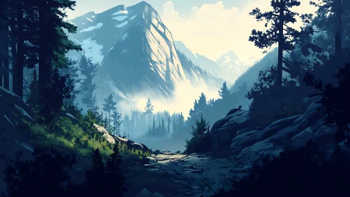 Mountain valley trail through dense conifer forest at dawn