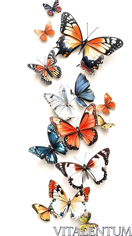 Multicolored butterflies arranged in vertical flight formation.