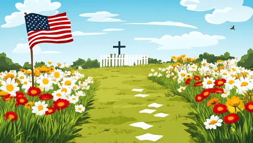 American flag in bright memorial garden with cross grave