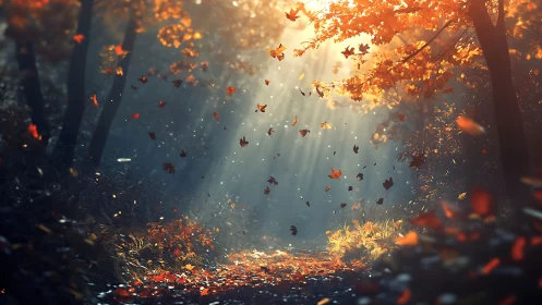 Autumn forest path with falling leaves in warm sunlight.