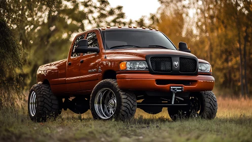 Lifted custom orange pickup truck stands in autumn light.
