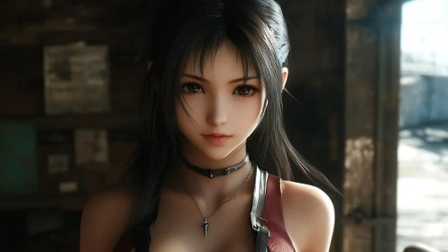 Anime brunette portrait with soft light and leather choker.