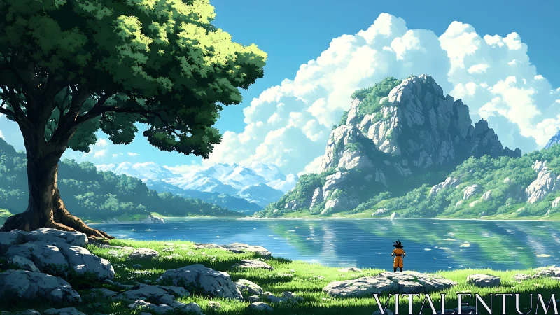 Serene lakeside valley with towering clouds and lone figure.