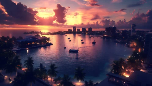 Urban waterfront bay with boats at sunset under clouds.