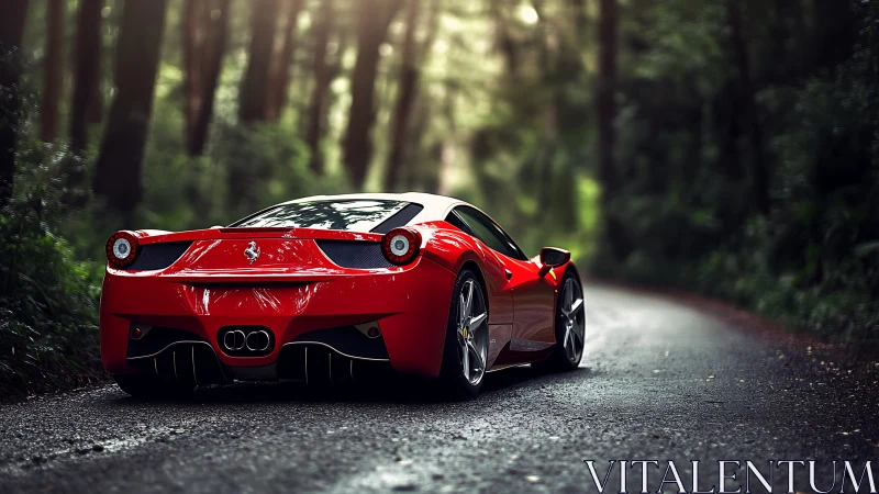 Crimson supercar poised on misty forest backroad at dusk.