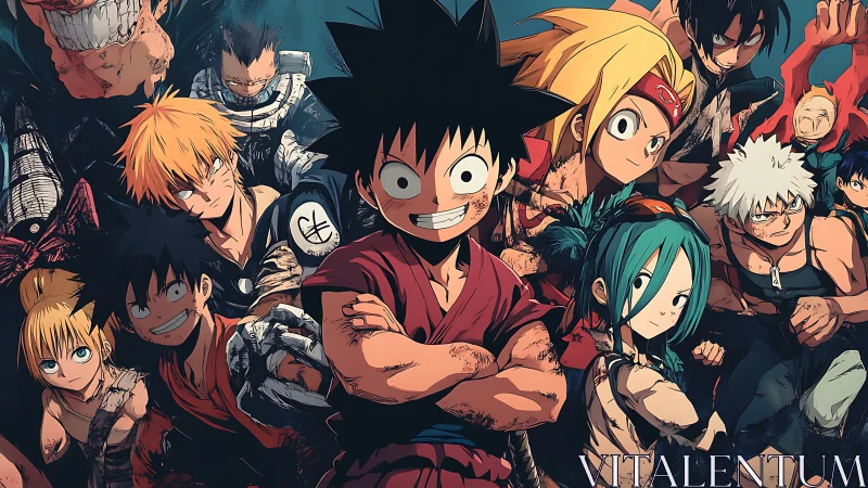 Battle-worn anime heroes standing together in formation.