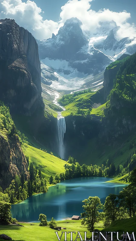 Mountain lake valley with tall waterfall and snowy peaks.