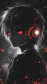 Monochrome anime boy with red luminous headphones and eyes