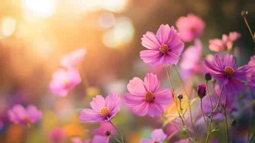 Cosmos Flowers Under Golden Hour Bokeh with Soft Focus Rendering