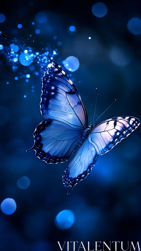 Bioluminescent blue butterfly glows against defocused bokeh field