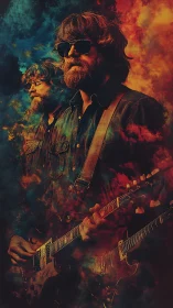 Dual bearded guitarist portrait in nebula-like bicolor haze