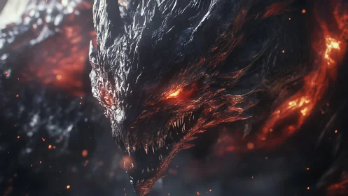 Molten-eyed dragon lunges forward through cinders and shadow