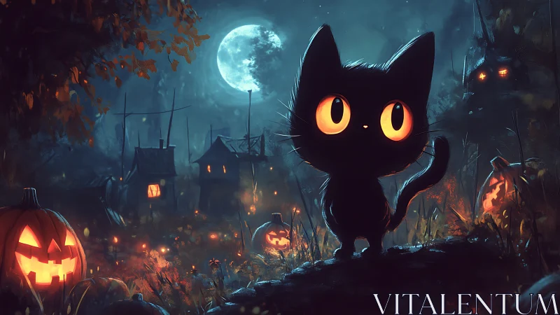 Black Cat with Luminous Eyes in Moonlit Gothic Village Setting