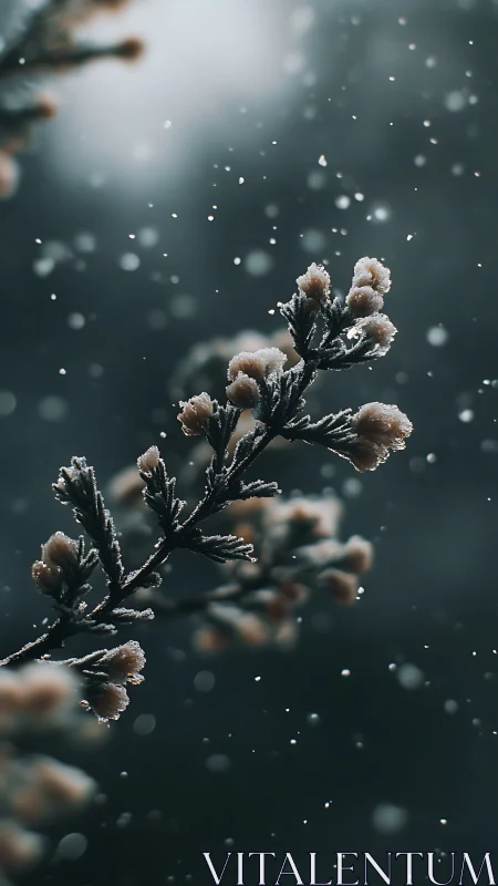 Frost-covered plant buds caught mid-snowfall against dark background