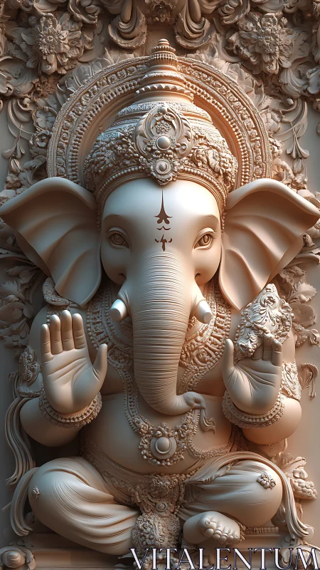 Ornate 3D bas‑relief sculpture renders seated Ganesha figure