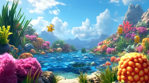 Vibrant coral lagoon with playful cartoon pufferfish.