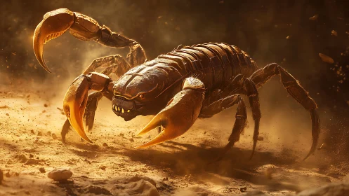 Armored desert scorpion lunging through kinetic dust storm.