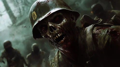 Zombie soldier close-up in decayed military battlefield scene.