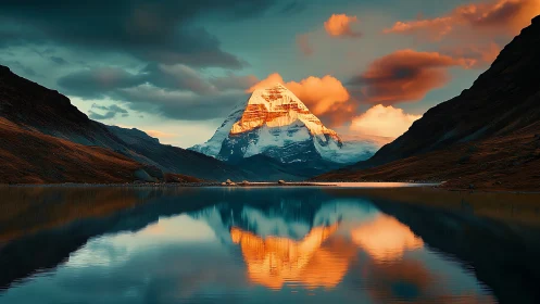 Snow peak mountain mirrored in still lake at sunset.