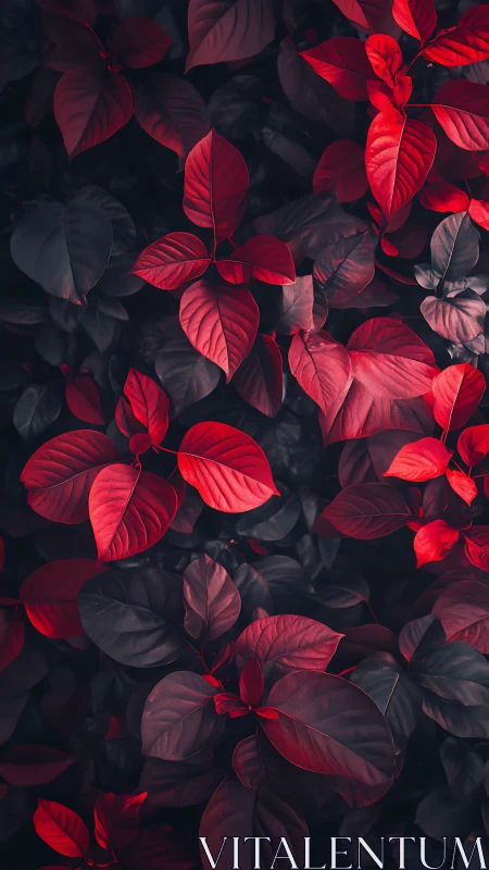 Crimson foliage emerges from deep teal shadows in dramatic contrast