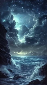 Luminous storm-tossed seascape under celestial vortex sky