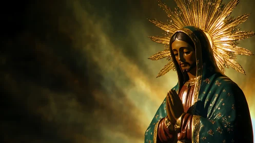 Praying Madonna statue glows softly against dramatic skies